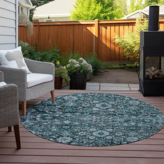 8' Dark Green Aqua And Charcoal Round Oriental Washable Indoor Outdoor Area Rug Photo 6
