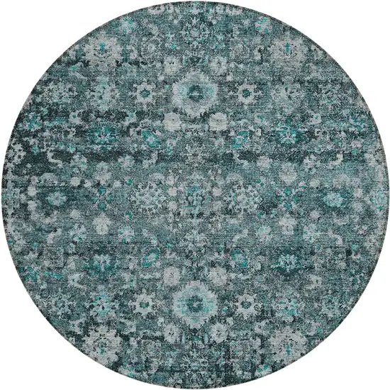 8' Dark Green Aqua And Charcoal Round Oriental Washable Indoor Outdoor Area Rug Photo 2