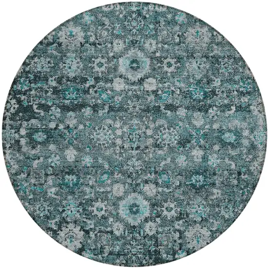 8' Dark Green Aqua And Charcoal Round Oriental Washable Indoor Outdoor Area Rug Photo 2