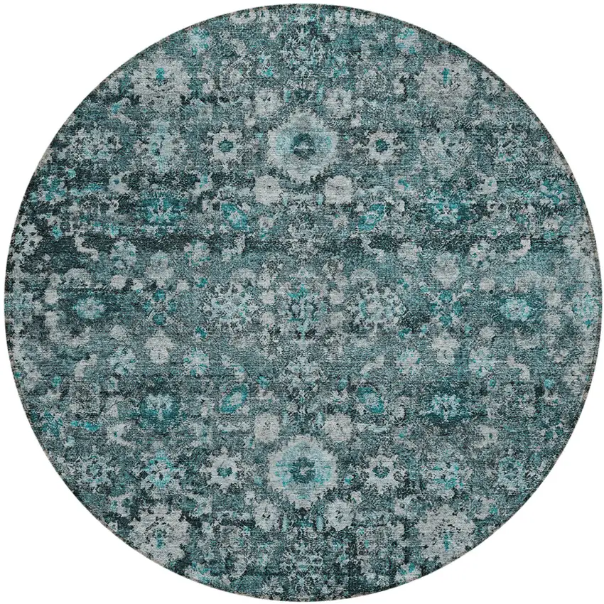 8' Dark Green Aqua And Charcoal Round Oriental Washable Indoor Outdoor Area Rug Photo 2