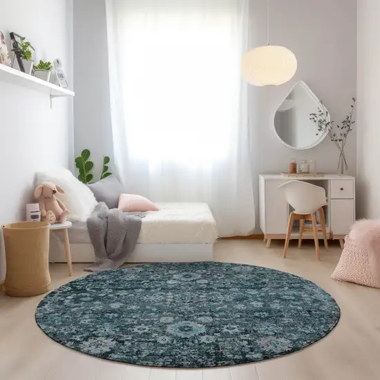8' Dark Green Aqua And Charcoal Round Oriental Washable Indoor Outdoor Area Rug Photo 7