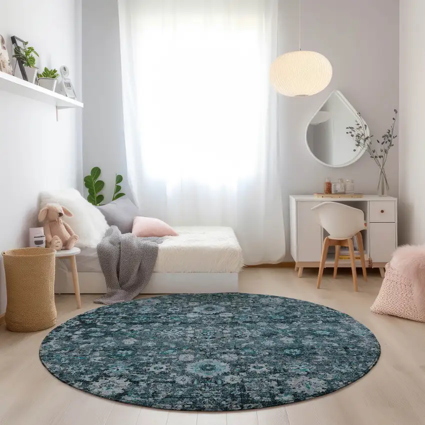 8' Dark Green Aqua And Charcoal Round Oriental Washable Indoor Outdoor Area Rug Photo 7