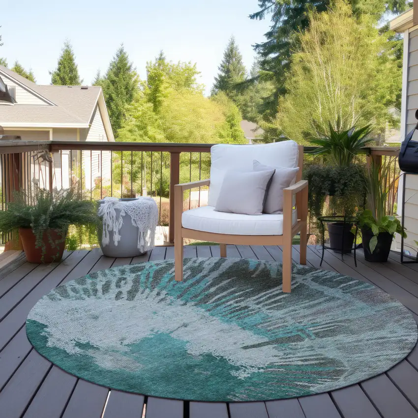 8' Dark Green Aqua And Gray Round Abstract Washable Indoor Outdoor Area Rug Photo 7