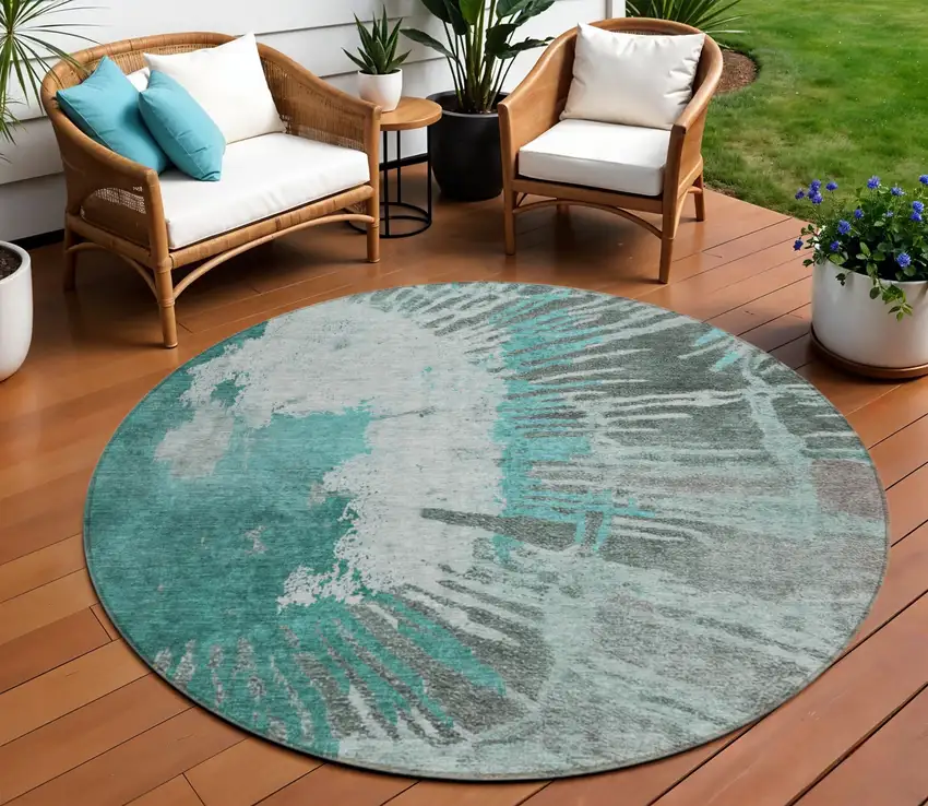 8' Dark Green Aqua And Gray Round Abstract Washable Indoor Outdoor Area Rug Photo 1