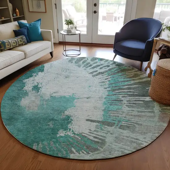 8' Dark Green Aqua And Gray Round Abstract Washable Indoor Outdoor Area Rug Photo 8