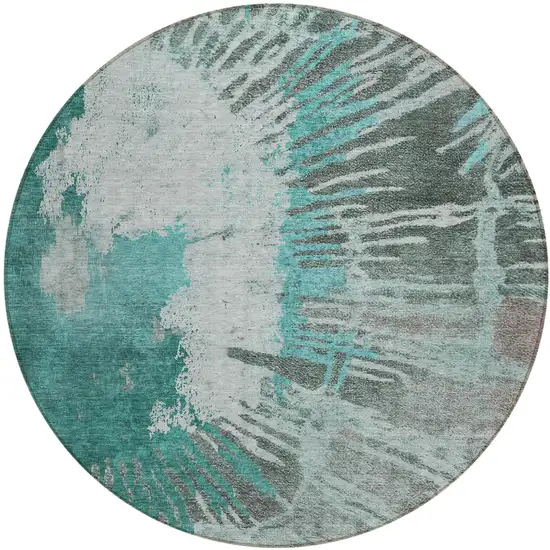 8' Dark Green Aqua And Gray Round Abstract Washable Indoor Outdoor Area Rug Photo 2