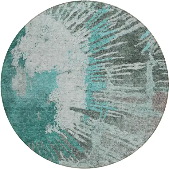 8' Dark Green Aqua And Gray Round Abstract Washable Indoor Outdoor Area Rug Photo 2