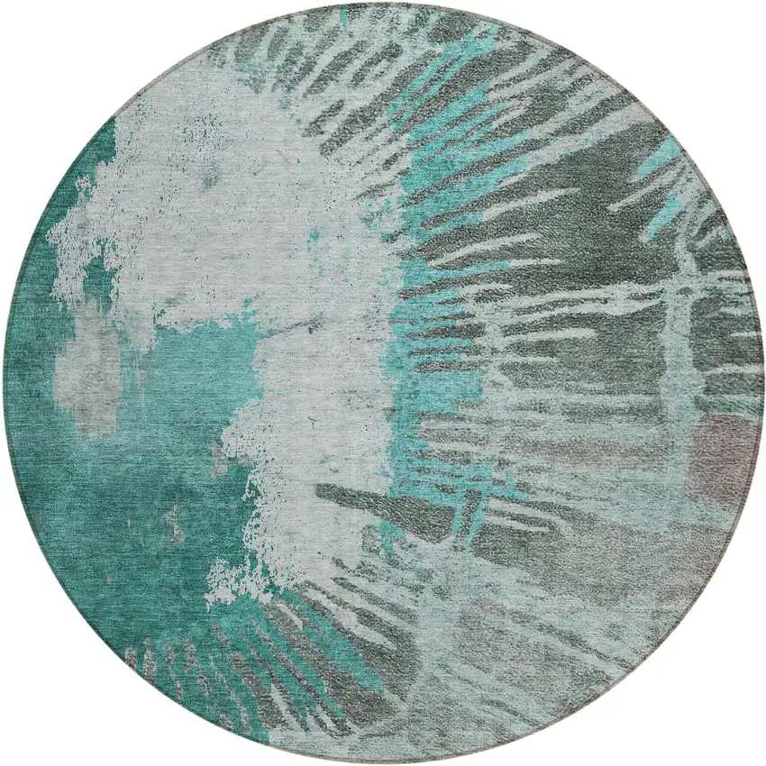 8' Dark Green Aqua And Gray Round Abstract Washable Indoor Outdoor Area Rug Photo 2