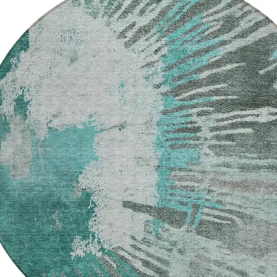 8' Dark Green Aqua And Gray Round Abstract Washable Indoor Outdoor Area Rug Photo 5