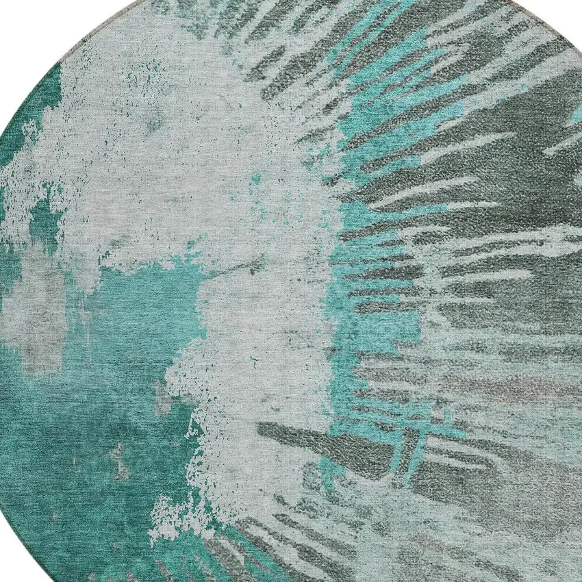 8' Dark Green Aqua And Gray Round Abstract Washable Indoor Outdoor Area Rug Photo 5