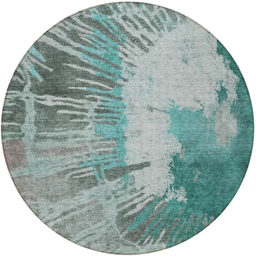 8' Dark Green Aqua And Gray Round Abstract Washable Indoor Outdoor Area Rug Photo 6