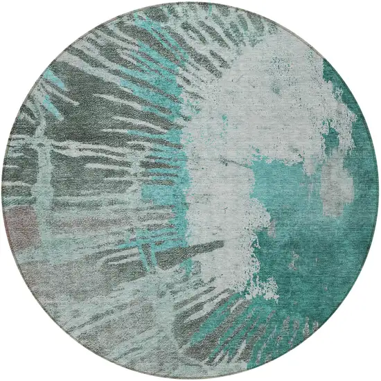8' Dark Green Aqua And Gray Round Abstract Washable Indoor Outdoor Area Rug Photo 6