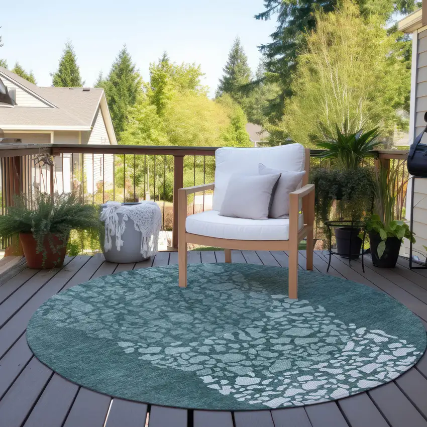 8' Dark Green Aqua And Ivory Round Abstract Washable Indoor Outdoor Area Rug Photo 6