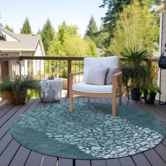 8' Dark Green Aqua And Ivory Round Abstract Washable Indoor Outdoor Area Rug Photo 6