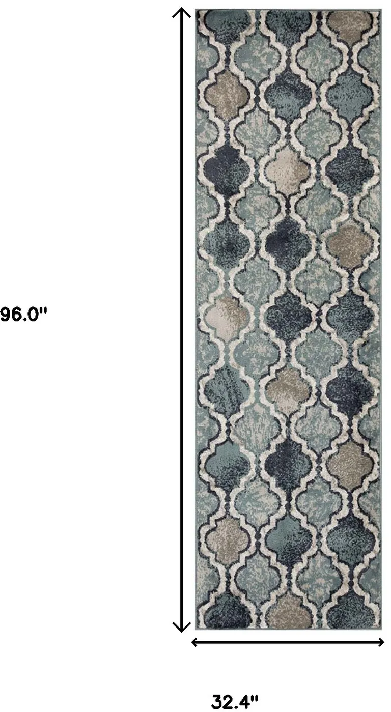 8' Deep Royal Quatrefoil Power Loom Distressed Stain Resistant Runner Rug Photo 5