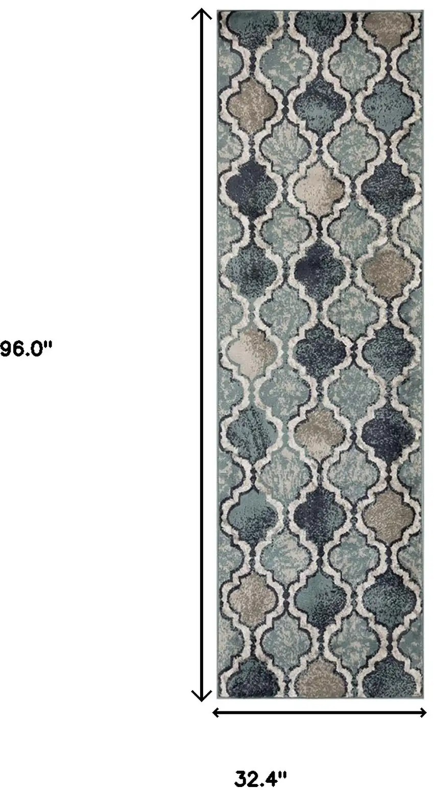 8' Deep Royal Quatrefoil Power Loom Distressed Stain Resistant Runner Rug Photo 6