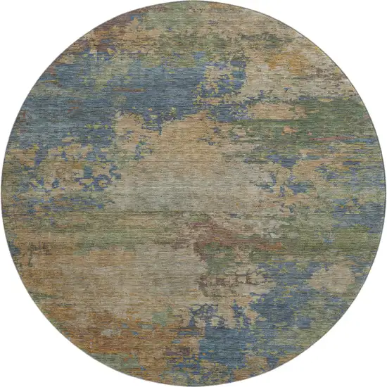 8' Denim Blue And Beige Abstract Washable Round Rug With UV Protection Photo 1