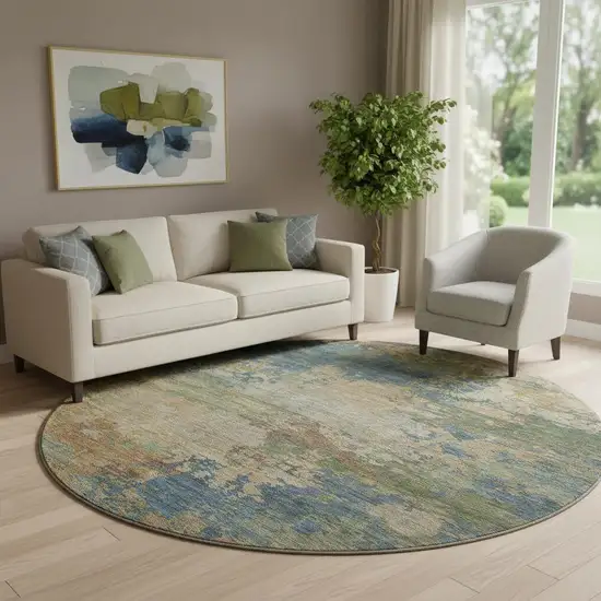 8' Denim Blue And Beige Abstract Washable Round Rug With UV Protection Photo 2