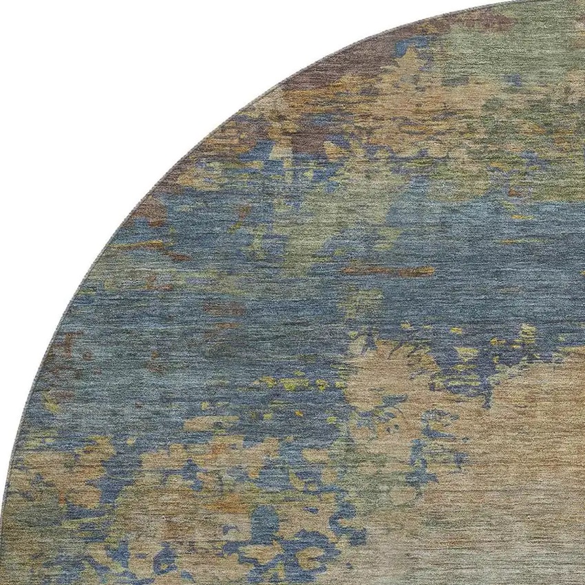 8' Denim Blue And Beige Abstract Washable Round Rug With UV Protection Photo 4