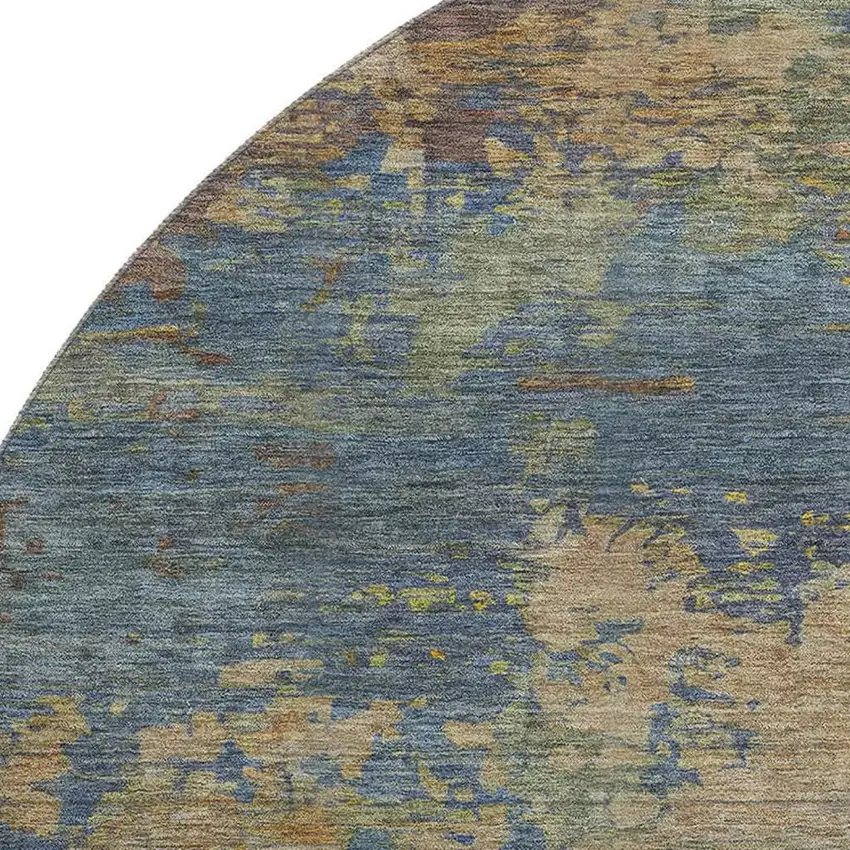 8' Denim Blue And Beige Abstract Washable Round Rug With UV Protection Photo 3