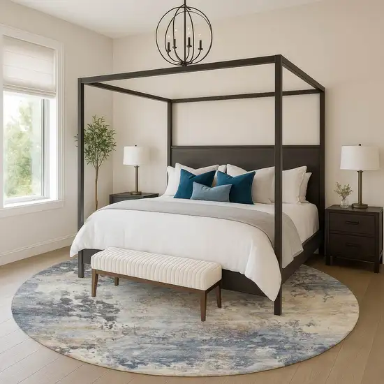 8' Denim Blue And Beige Abstract Washable Round Rug With UV Protection Photo 5