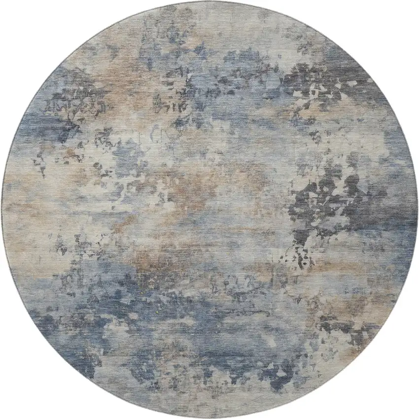8' Denim Blue And Beige Abstract Washable Round Rug With UV Protection Photo 4