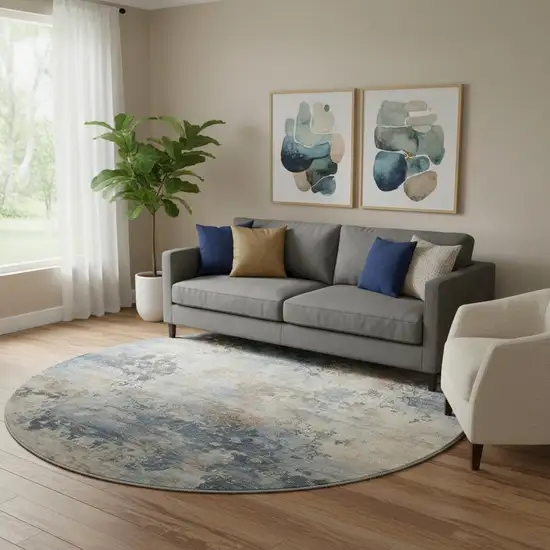 8' Denim Blue And Beige Abstract Washable Round Rug With UV Protection Photo 2