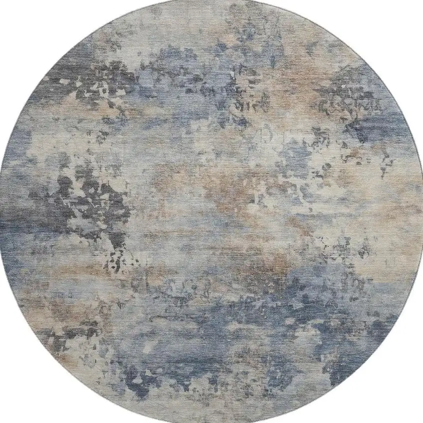 8' Denim Blue And Beige Abstract Washable Round Rug With UV Protection Photo 3