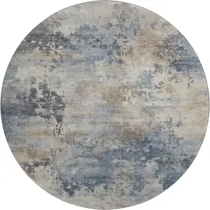 Photo of 8' Denim Blue And Beige Abstract Washable Round Rug With UV Protection