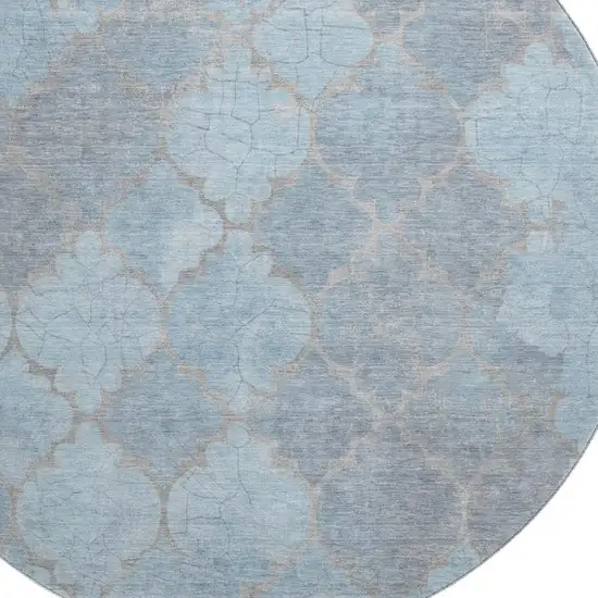 8' Denim Blue And Beige Damask Washable Round Rug With UV Protection Photo 2