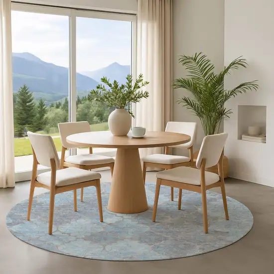 8' Denim Blue And Beige Damask Washable Round Rug With UV Protection Photo 4