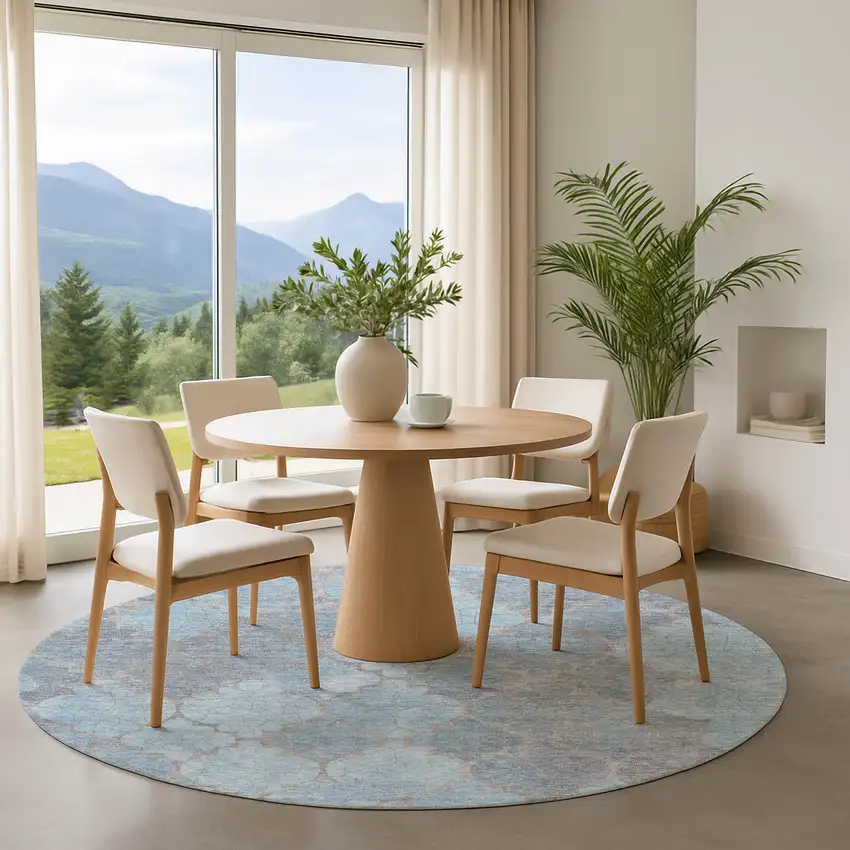 8' Denim Blue And Beige Damask Washable Round Rug With UV Protection Photo 4