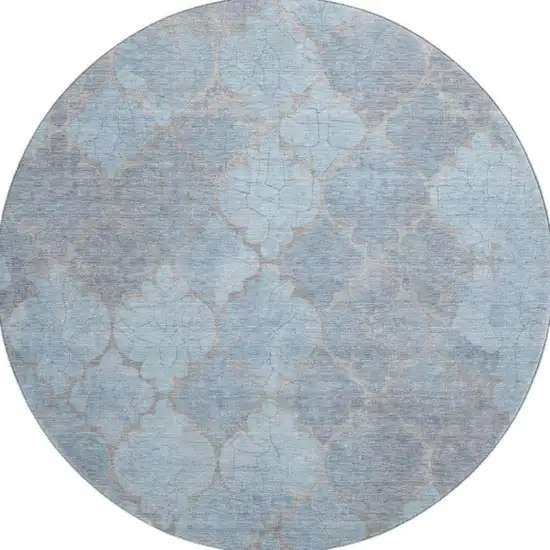 8' Denim Blue And Beige Damask Washable Round Rug With UV Protection Photo 3