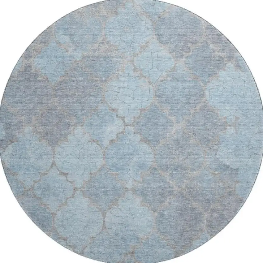 8' Denim Blue And Beige Damask Washable Round Rug With UV Protection Photo 3