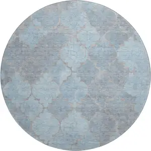 Photo of 8' Denim Blue And Beige Damask Washable Round Rug With UV Protection