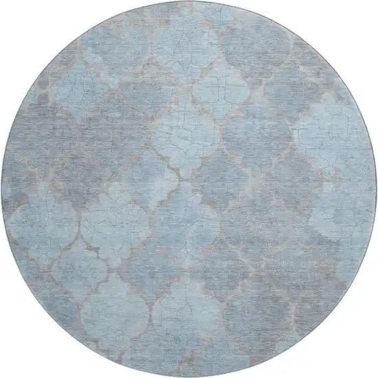 8' Denim Blue And Beige Damask Washable Round Rug With UV Protection Photo 1