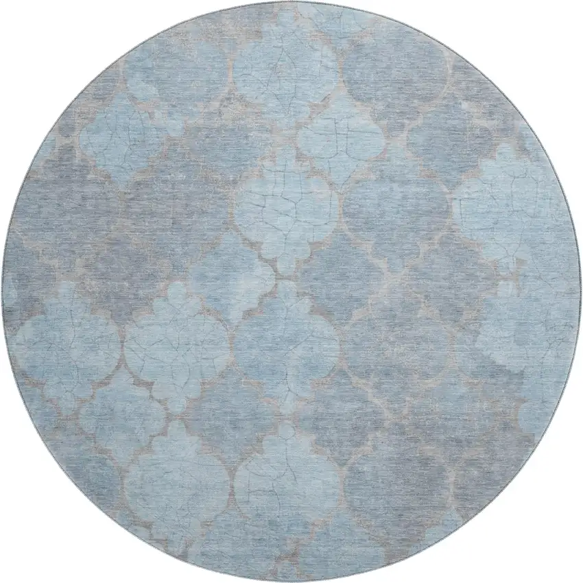 8' Denim Blue And Beige Damask Washable Round Rug With UV Protection Photo 1