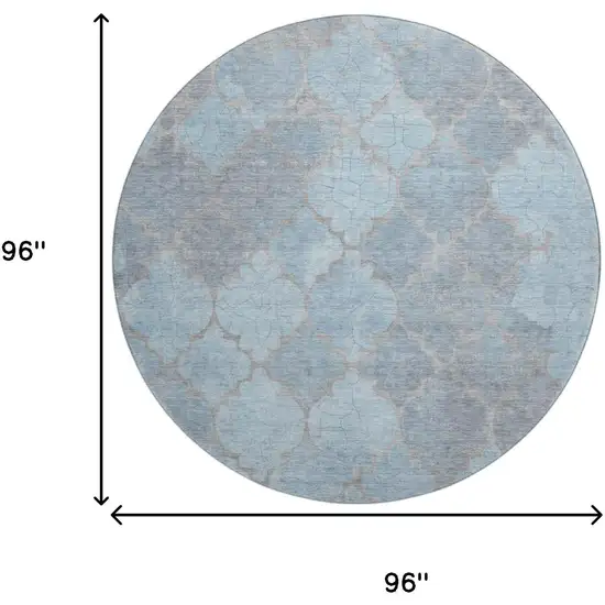 8' Denim Blue And Beige Damask Washable Round Rug With UV Protection Photo 9