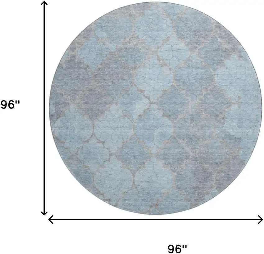 8' Denim Blue And Beige Damask Washable Round Rug With UV Protection Photo 9