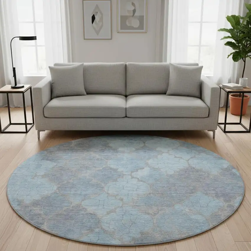 8' Denim Blue And Beige Damask Washable Round Rug With UV Protection Photo 2