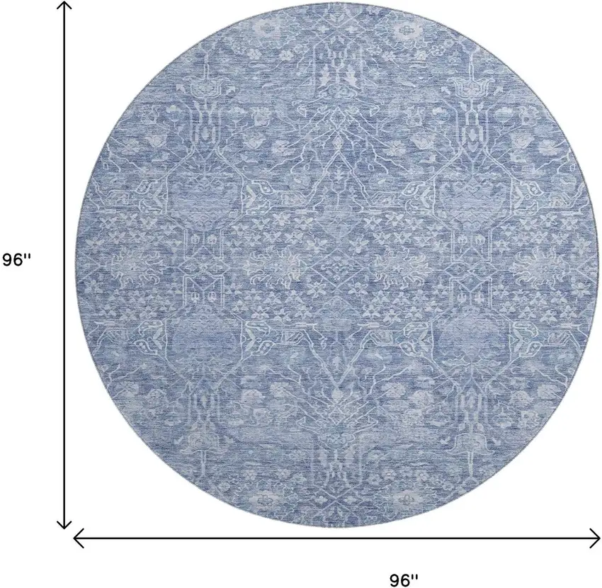 8' Denim Blue And Beige Floral Washable Round Rug With UV Protection Photo 9