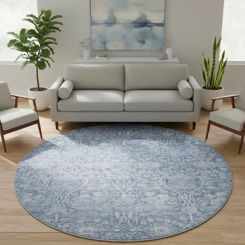 8' Denim Blue And Beige Floral Washable Round Rug With UV Protection Photo 2