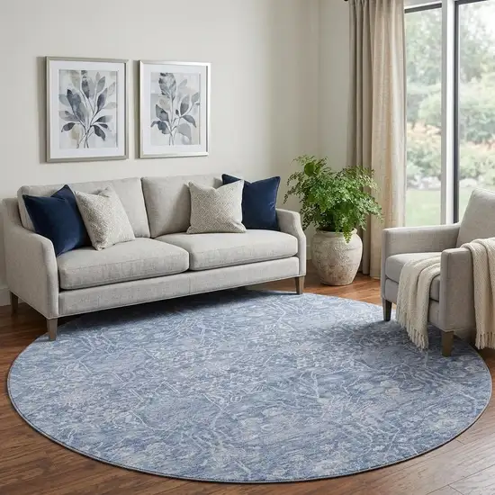 8' Denim Blue And Beige Floral Washable Round Rug With UV Protection Photo 1