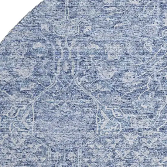 8' Denim Blue And Beige Floral Washable Round Rug With UV Protection Photo 2