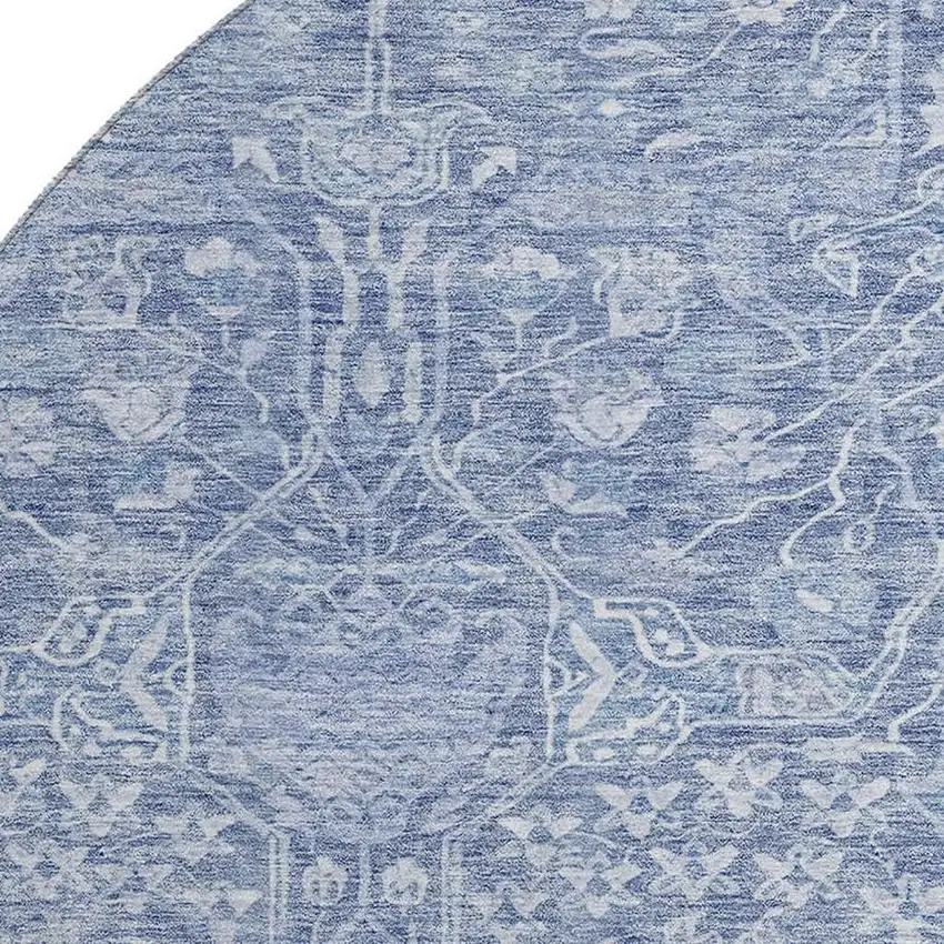 8' Denim Blue And Beige Floral Washable Round Rug With UV Protection Photo 2