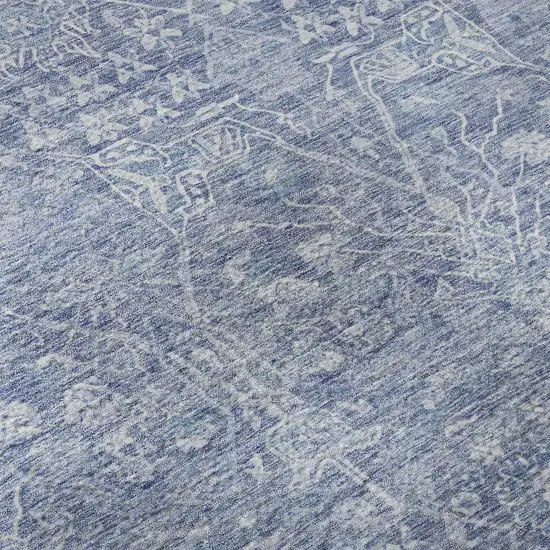 8' Denim Blue And Beige Floral Washable Round Rug With UV Protection Photo 8