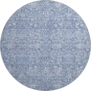 Photo of 8' Denim Blue And Beige Floral Washable Round Rug With UV Protection