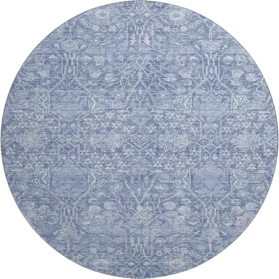 8' Denim Blue And Beige Floral Washable Round Rug With UV Protection Photo 1