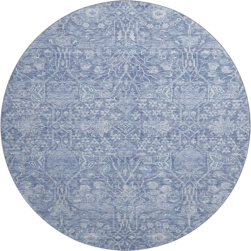 8' Denim Blue And Beige Floral Washable Round Rug With UV Protection Photo 1