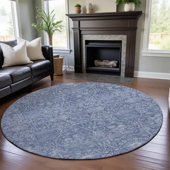 8' Denim Blue And Beige Floral Washable Round Rug With UV Protection Photo 5